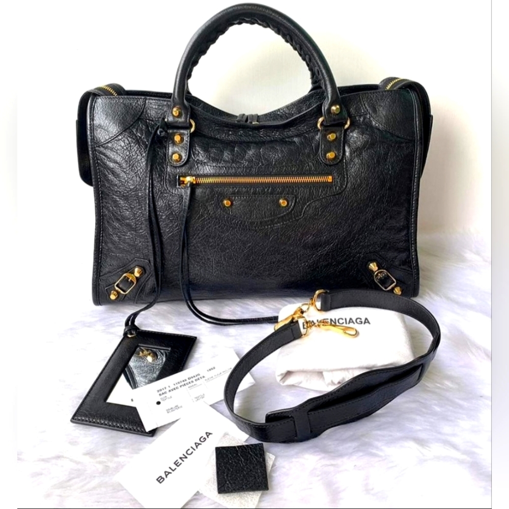 Balenciaga Black Leather City Satchel with Gold Hardware